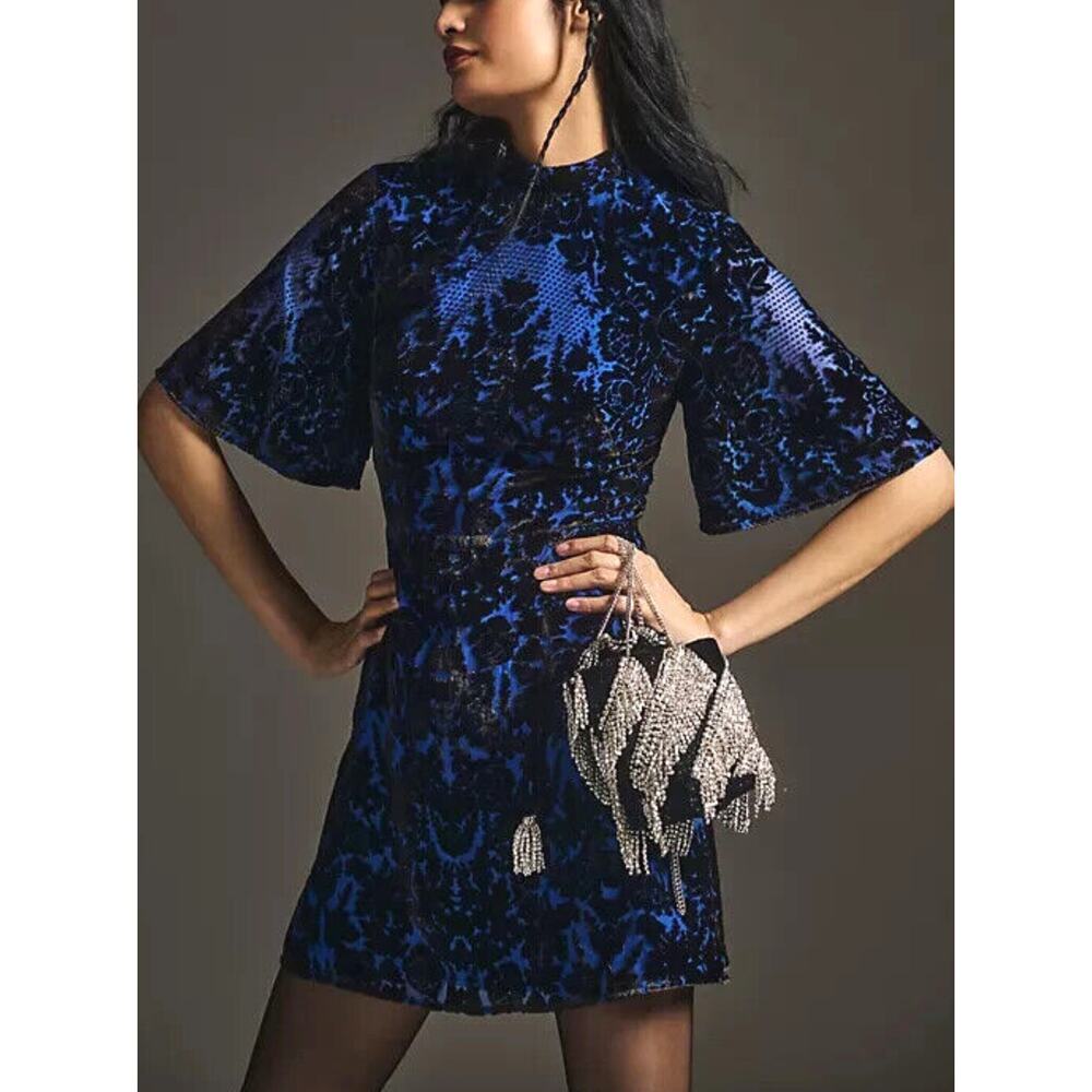By Anthropologie Blue Black Floral Velvet Burnout Mock Neck Open Back Mini Dress